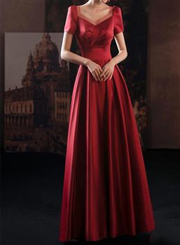 Picture of Wine Red Color Satin Low Back Lace-up Short Sleeves Party Dresses, Wine Red Color Formal Dress